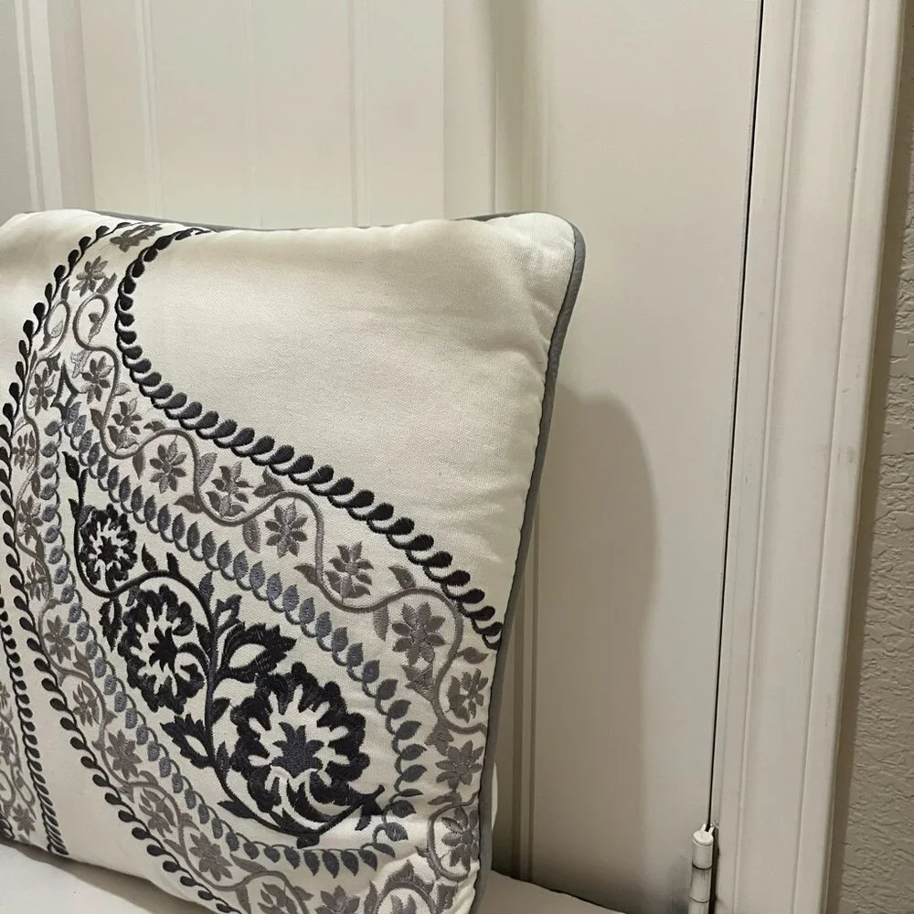Harbor House Stella White Navy Paisley Embroidered Square Bed Throw Pillow 17X17